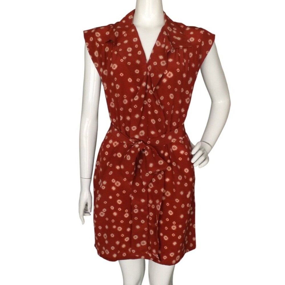 TOMAS MAIER Dress, 10/12, Rust/Cream Bursts, Belted, Pockets, V-neckline